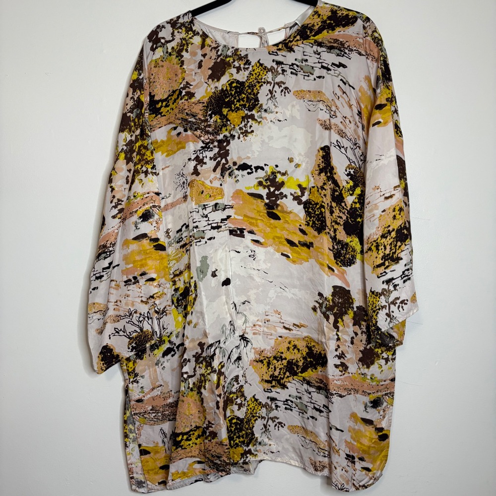 Wilfred Le Fou Tunic Top Size 3 Abstract Print Blouse Tie Back Long Sleeve